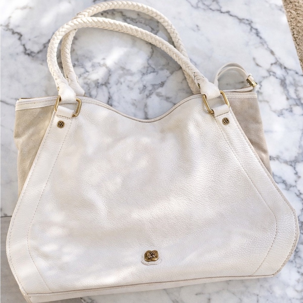Elliott Lucca Cream and Tan Braided-Handle Shoulder Bag